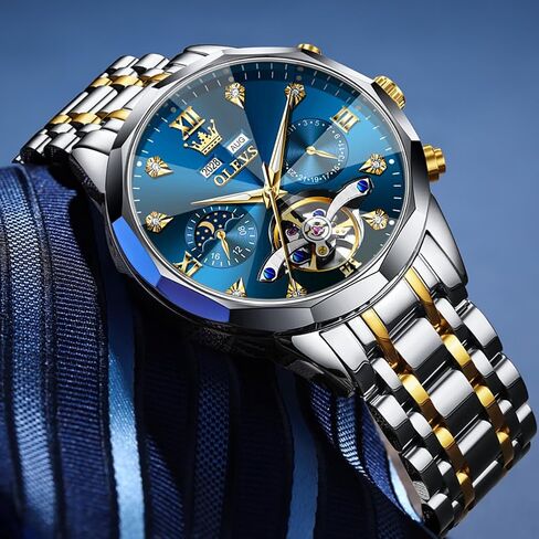 OLEVS Skeleton Men Watches Automatic Business Luxury Diamond Self Winding Watch for Men Stainless Steel Calendar Wrist Watch in Saudi Arabia