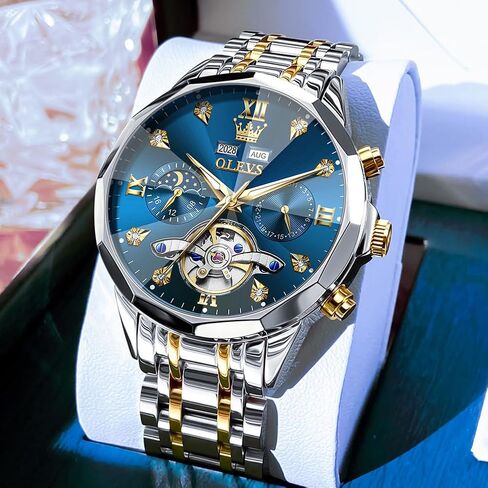 OLEVS Skeleton Men Watches Automatic Business Luxury Diamond Self Winding Watch for Men Stainless Steel Calendar Wrist Watch in Saudi Arabia