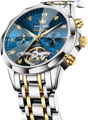 OLEVS Skeleton Men Watches Automatic Business Luxury Diamond Self Winding Watch for Men Stainless Steel Calendar Wrist Watch in Saudi Arabia