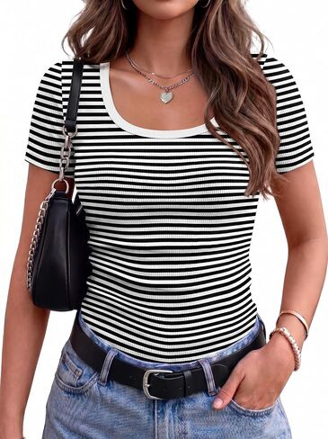 Zeagoo Womens Tops Short Sleeve Scoop Neck Shirts Ribbed Knit Fitted Basic Tees Casual Summer Work Clothes in Kuwait