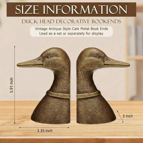 Vintage Brass Color Decorative Distressed Cast Metal Duck Head Bookends, Metal Duck Book Ends for Shelves, 5.91 x 4.33 x 3.35 Inches, Rustic Vintage Home Office Organizer Set of 2 in Saudi Arabia