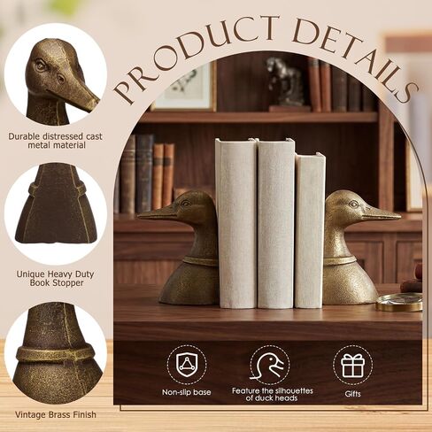 Vintage Brass Color Decorative Distressed Cast Metal Duck Head Bookends, Metal Duck Book Ends for Shelves, 5.91 x 4.33 x 3.35 Inches, Rustic Vintage Home Office Organizer Set of 2 in Saudi Arabia