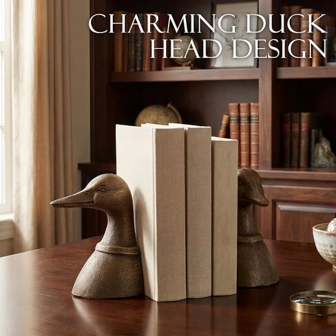Vintage Brass Color Decorative Distressed Cast Metal Duck Head Bookends, Metal Duck Book Ends for Shelves, 5.91 x 4.33 x 3.35 Inches, Rustic Vintage Home Office Organizer Set of 2 in Saudi Arabia