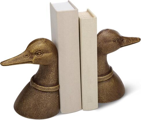 Vintage Brass Color Decorative Distressed Cast Metal Duck Head Bookends, Metal Duck Book Ends for Shelves, 5.91 x 4.33 x 3.35 Inches, Rustic Vintage Home Office Organizer Set of 2 in Saudi Arabia