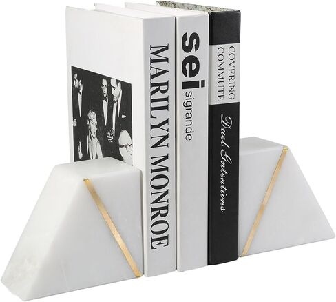 Natural Marble Bookends for Shelves, Decorative Book Ends for Heavy Books, Heavy Duty Mid Century Modern White and Gold Stone Book Holders with Brass Inlay, Unique Bookshelf Stopper Decor, Set of 2 in Saudi Arabia
