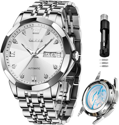 OLEVS Skeleton Men Watches Automatic Business Luxury Diamond Self Winding Watch for Men Stainless Steel Calendar Wrist Watch in Saudi Arabia