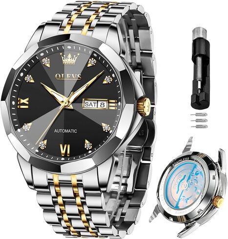 OLEVS Skeleton Men Watches Automatic Business Luxury Diamond Self Winding Watch for Men Stainless Steel Calendar Wrist Watch in Saudi Arabia