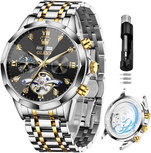 OLEVS Skeleton Men Watches Automatic Business Luxury Diamond Self Winding Watch for Men Stainless Steel Calendar Wrist Watch in Saudi Arabia