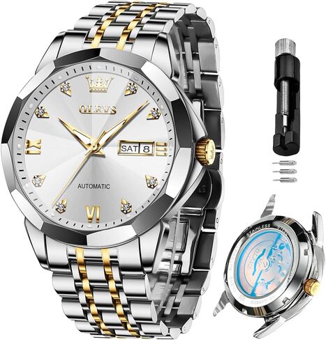 OLEVS Skeleton Men Watches Automatic Business Luxury Diamond Self Winding Watch for Men Stainless Steel Calendar Wrist Watch in Saudi Arabia