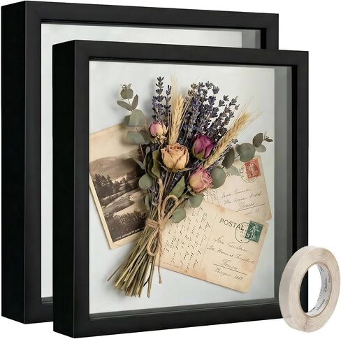 10x10 Shadow Box Frame Black, Deep Display Case for Memorabilia Coins & Photos with Crystal Clear Acrylic Front Wall Mount or Tabletop Includes Hanging Hardware & Double Sided Tape (2 Pack Black) in Kuwait