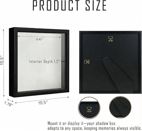 10x10 Shadow Box Frame Black, Deep Display Case for Memorabilia Coins & Photos with Crystal Clear Acrylic Front Wall Mount or Tabletop Includes Hanging Hardware & Double Sided Tape (2 Pack Black) in Kuwait