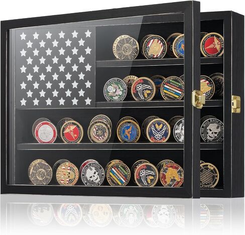 Challenge Coin Display Case with American Flag - 2 Groove Shelves | Military Coin Shadow Box - Ideal for Medals, Poker Chips, and Collectibles in Saudi Arabia