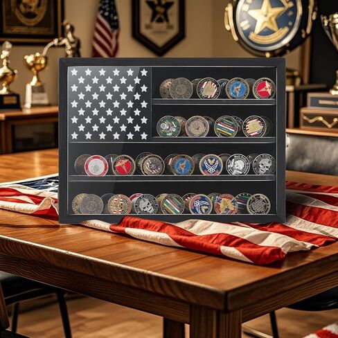 Challenge Coin Display Case with American Flag - 2 Groove Shelves | Military Coin Shadow Box - Ideal for Medals, Poker Chips, and Collectibles in Saudi Arabia
