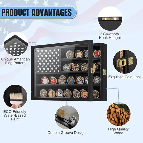 Challenge Coin Display Case with American Flag - 2 Groove Shelves | Military Coin Shadow Box - Ideal for Medals, Poker Chips, and Collectibles in Saudi Arabia