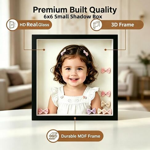إطار صندوق الظل مقاس 6 × 6، علبة عرض صندوق ظلال الذاكرة الصغيرة مع إطار صورة ثلاثي الأبعاد من الزجاج الشفاف الحقيقي للزهور والصور التذكارية والحرف اليدوية وذكريات الزفاف ومستلزمات الأطفال - أسود غير لامع in Kuwait