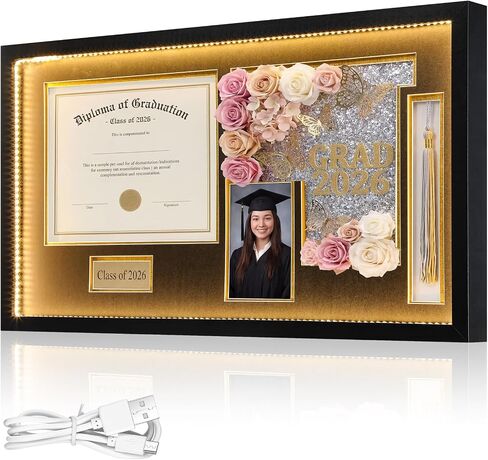 Leinuosen 15 x 27 Graduation Diploma Frame with LED Light for 11 x 8.5 Certificate Graduation Shadow Box Document Frame for Grad Cap & Tassel Photo Engraving Display Case for Class of 2026 Graduates in Kuwait