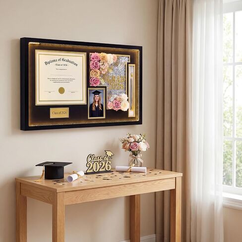 Leinuosen 15 x 27 Graduation Diploma Frame with LED Light for 11 x 8.5 Certificate Graduation Shadow Box Document Frame for Grad Cap & Tassel Photo Engraving Display Case for Class of 2026 Graduates in Kuwait