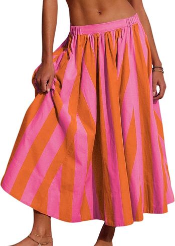 Hongsui Women's A Line Rainbow Striped Maxi Skirt Elastic Waist Flowy Beach Vacation Summer Skirt in Saudi Arabia
