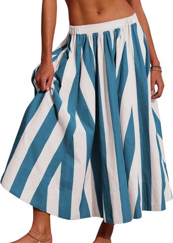 Hongsui Women's A Line Rainbow Striped Maxi Skirt Elastic Waist Flowy Beach Vacation Summer Skirt in Kuwait