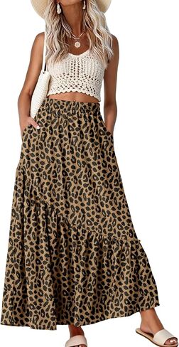 GRECERELLE Women's Maxi Skirt Summer Flowy High Waist Pleated Tiered A-Line Boho Casual Long Skirts with Pockets in Kuwait