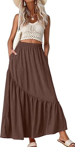 GRECERELLE Women's Maxi Skirt Summer Flowy High Waist Pleated Tiered A-Line Boho Casual Long Skirts with Pockets in Kuwait