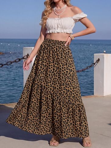 GRECERELLE Women's Maxi Skirt Summer Flowy High Waist Pleated Tiered A-Line Boho Casual Long Skirts with Pockets in Kuwait