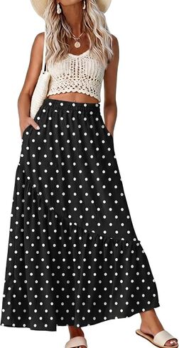 GRECERELLE Women's Maxi Skirt Summer Flowy High Waist Pleated Tiered A-Line Boho Casual Long Skirts with Pockets in Kuwait