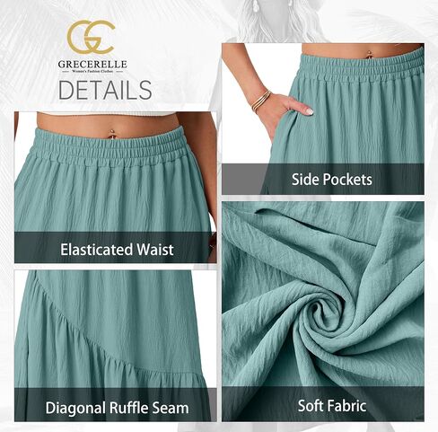 GRECERELLE Women's Maxi Skirt Summer Flowy High Waist Pleated Tiered A-Line Boho Casual Long Skirts with Pockets in Kuwait