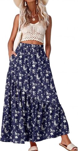 GRECERELLE Women's Maxi Skirt Summer Flowy High Waist Pleated Tiered A-Line Boho Casual Long Skirts with Pockets in Kuwait