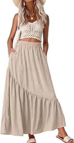 GRECERELLE Women's Maxi Skirt Summer Flowy High Waist Pleated Tiered A-Line Boho Casual Long Skirts with Pockets in Kuwait