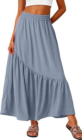 GRECERELLE Women's Maxi Skirt Summer Flowy High Waist Pleated Tiered A-Line Boho Casual Long Skirts with Pockets in Kuwait