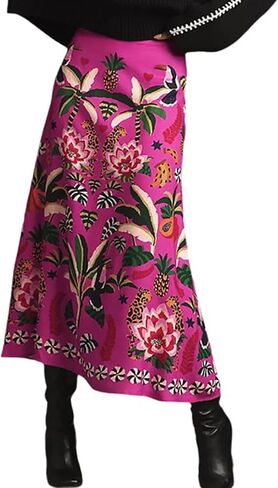 Womens Midi Skirt Tropical Floral Print Satin Skirt High Waisted Spring Summer A Line Long Skirts in Saudi Arabia