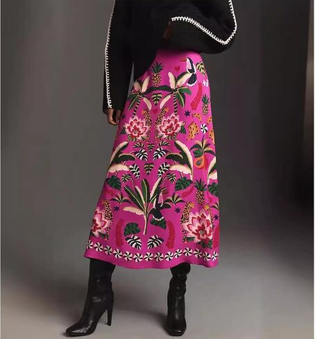 Womens Midi Skirt Tropical Floral Print Satin Skirt High Waisted Spring Summer A Line Long Skirts in Saudi Arabia