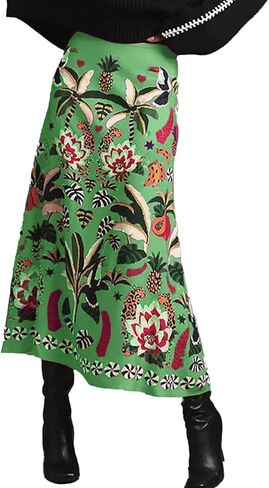 Womens Midi Skirt Tropical Floral Print Satin Skirt High Waisted Spring Summer A Line Long Skirts in Saudi Arabia