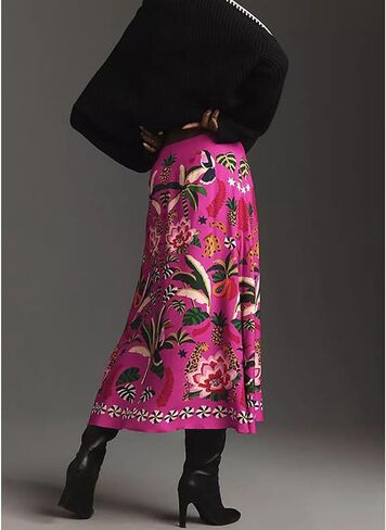 Womens Midi Skirt Tropical Floral Print Satin Skirt High Waisted Spring Summer A Line Long Skirts in Saudi Arabia