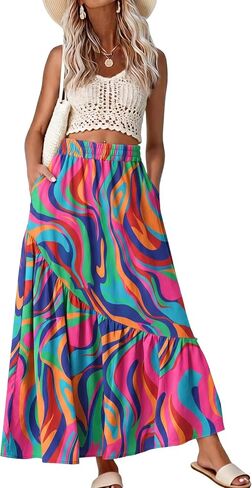 GRECERELLE Women's Maxi Skirt Summer Flowy High Waist Pleated Tiered A-Line Boho Casual Long Skirts with Pockets in Kuwait