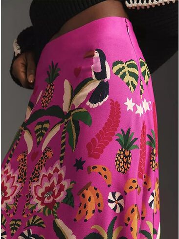 Womens Midi Skirt Tropical Floral Print Satin Skirt High Waisted Spring Summer A Line Long Skirts in Saudi Arabia
