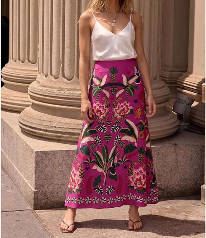 Womens Midi Skirt Tropical Floral Print Satin Skirt High Waisted Spring Summer A Line Long Skirts in Saudi Arabia