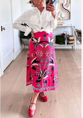 Womens Midi Skirt Tropical Floral Print Satin Skirt High Waisted Spring Summer A Line Long Skirts in Saudi Arabia