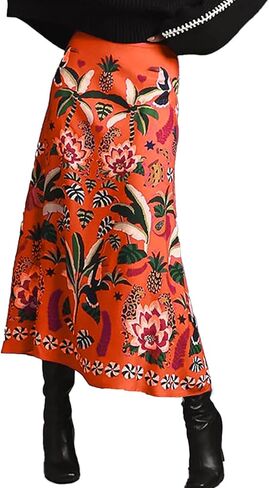 Womens Midi Skirt Tropical Floral Print Satin Skirt High Waisted Spring Summer A Line Long Skirts in Saudi Arabia