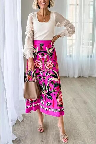 Womens Midi Skirt Tropical Floral Print Satin Skirt High Waisted Spring Summer A Line Long Skirts in Saudi Arabia