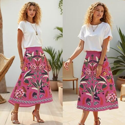 Womens Midi Skirt Tropical Floral Print Satin Skirt High Waisted Spring Summer A Line Long Skirts in Saudi Arabia