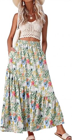 GRECERELLE Women's Maxi Skirt Summer Flowy High Waist Pleated Tiered A-Line Boho Casual Long Skirts with Pockets in Kuwait