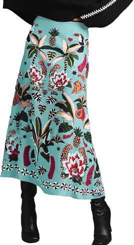 Womens Midi Skirt Tropical Floral Print Satin Skirt High Waisted Spring Summer A Line Long Skirts in Saudi Arabia