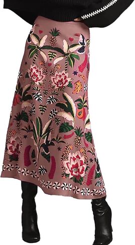 Womens Midi Skirt Tropical Floral Print Satin Skirt High Waisted Spring Summer A Line Long Skirts in Saudi Arabia