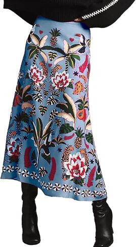 Womens Midi Skirt Tropical Floral Print Satin Skirt High Waisted Spring Summer A Line Long Skirts in Saudi Arabia
