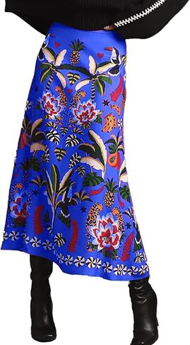 Womens Midi Skirt Tropical Floral Print Satin Skirt High Waisted Spring Summer A Line Long Skirts in Saudi Arabia