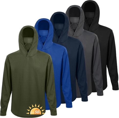 LeeHanTon 5 Pack Mens Sun Hoodie with Face Mask UPF 50+ Long Sleeve Work Shirt Quick Dry Lightweight for Hiking Fishing in Kuwait
