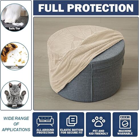 Round Ottoman Cover Stretch Round Ottoman Storage Slipcover Leaves Jacquard Folding Footrest Stool Furniture Protector Cover with Elastic Bottom for Living Room Set of 1 Olive Green in Saudi Arabia