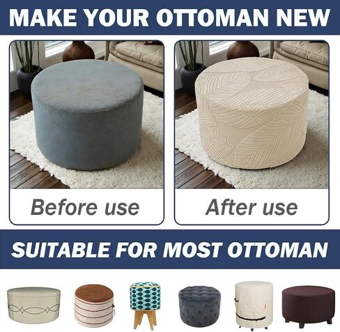 Round Ottoman Cover Stretch Round Ottoman Storage Slipcover Leaves Jacquard Folding Footrest Stool Furniture Protector Cover with Elastic Bottom for Living Room Set of 1 Olive Green in Saudi Arabia